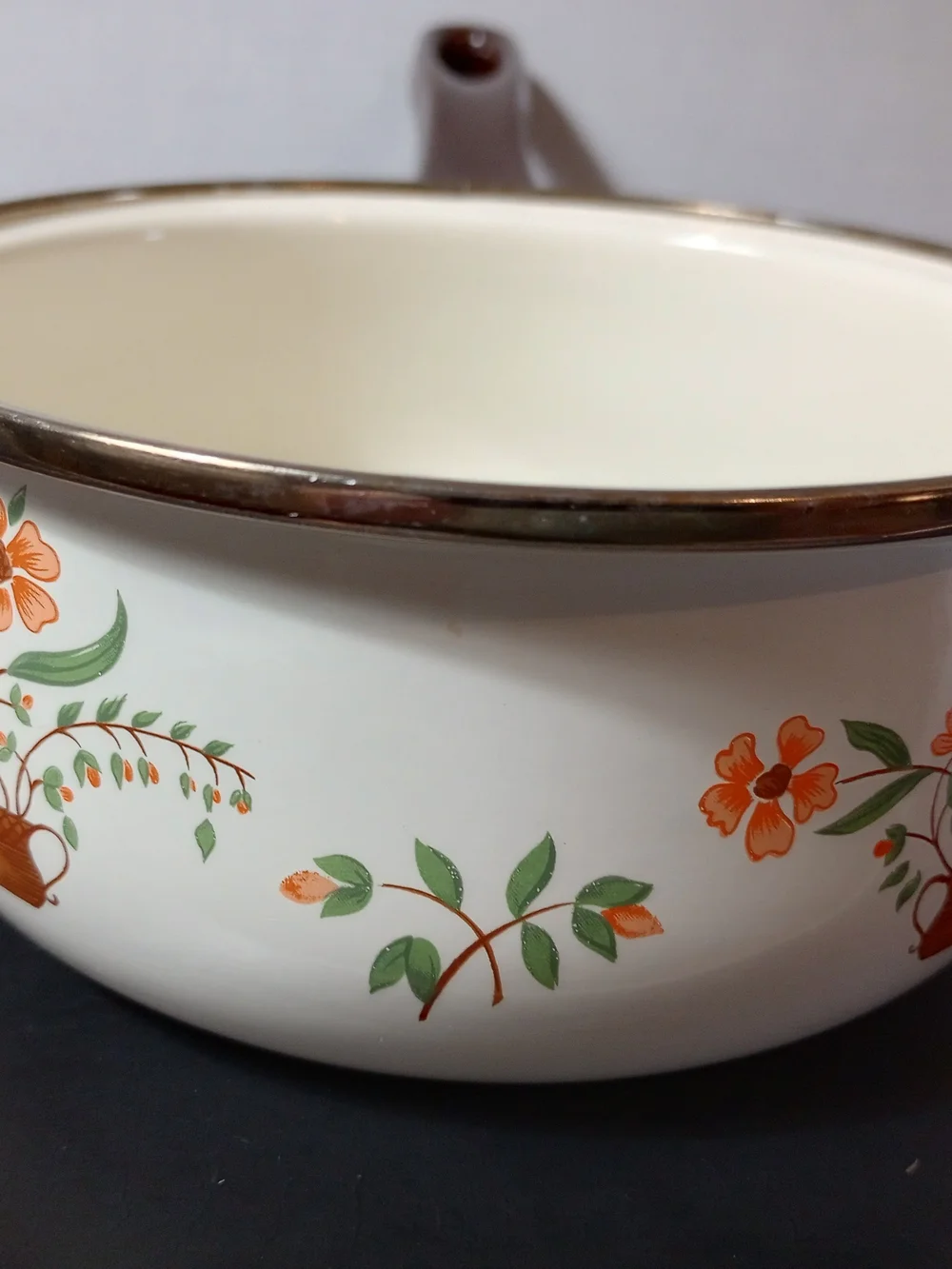 Cream Enamel Saucepan with Orange Floral Motif and Brown Handle